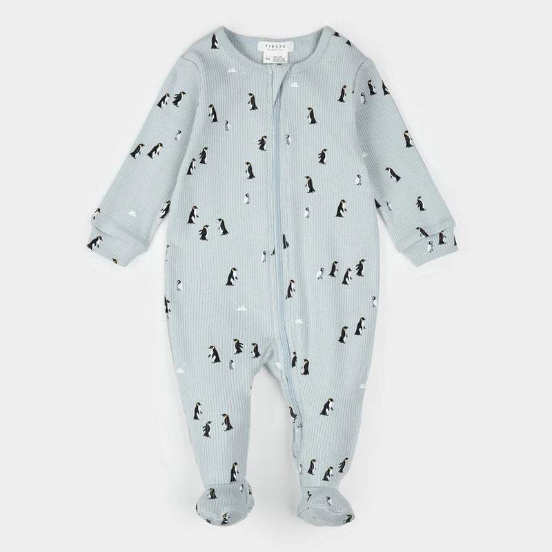 Petit Lem Footed Sleeper - Penguin Print - Lt Blue-Mountain Baby