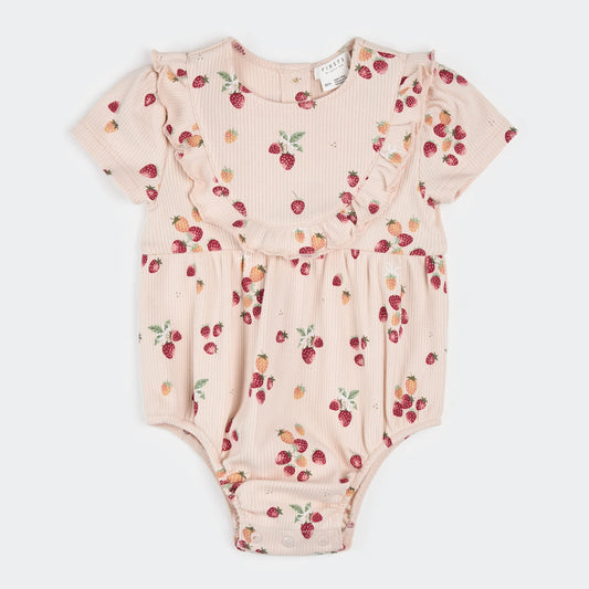 Petit Lem Ribbed Bodysuit Romper - Strawberry on Soft Pink-Mountain Baby