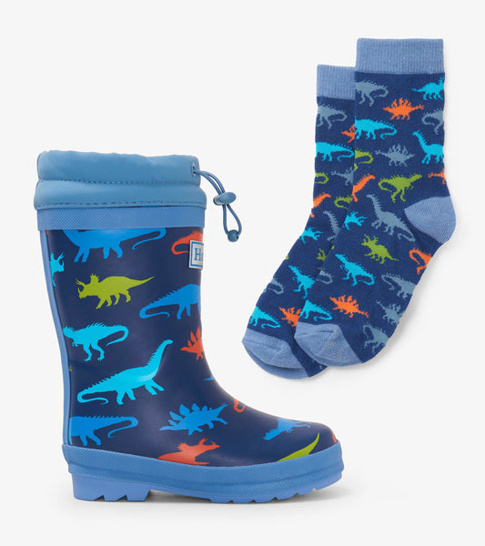 Hatley Sherpa Lined Rain Boots & Matching Socks - Dino Silhouettes-Mountain Baby