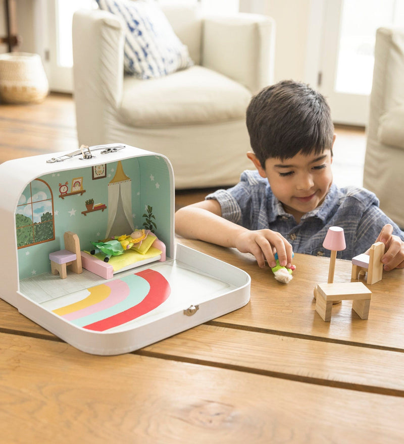 Hearthsong Rainbow Cottage Travel Dollhouse Set w/ Dolls & Furniture-Mountain Baby