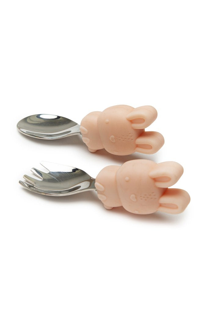 LouLou Lollipop Silicone Learning Spoon/Fork Set - Pink Blush Bunny-Mountain Baby