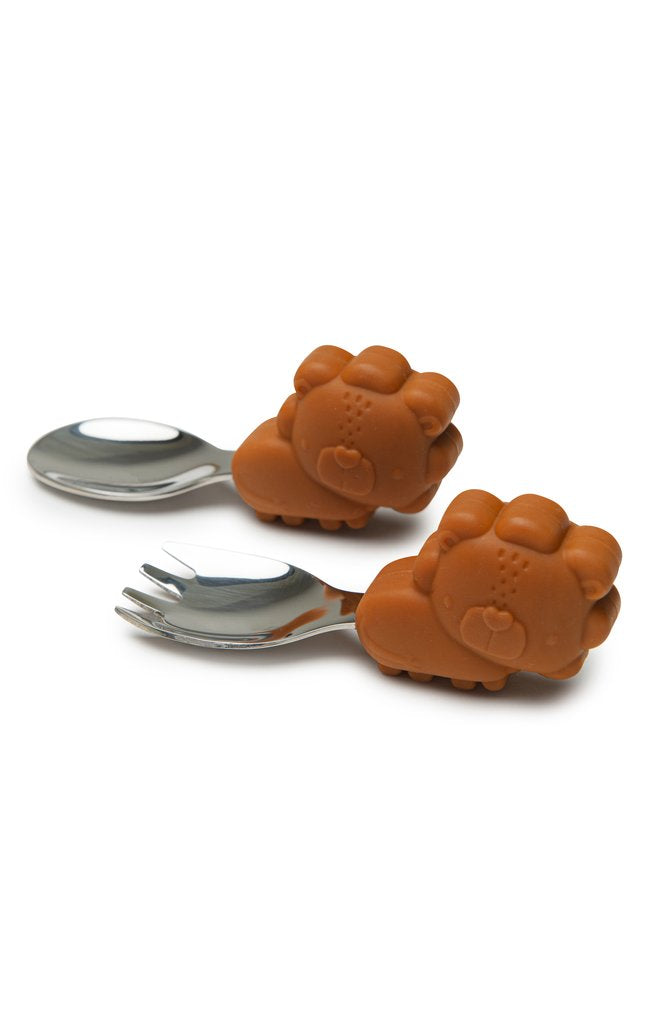 LouLou Lollipop Silicone Learning Spoon/Fork Set - Ginger Honey Lion-Mountain Baby