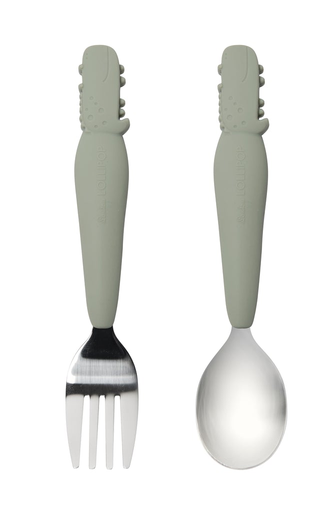 LouLou Lollipop Silicone Kid's Spoon/Fork Set - Sage Alligator-Mountain Baby