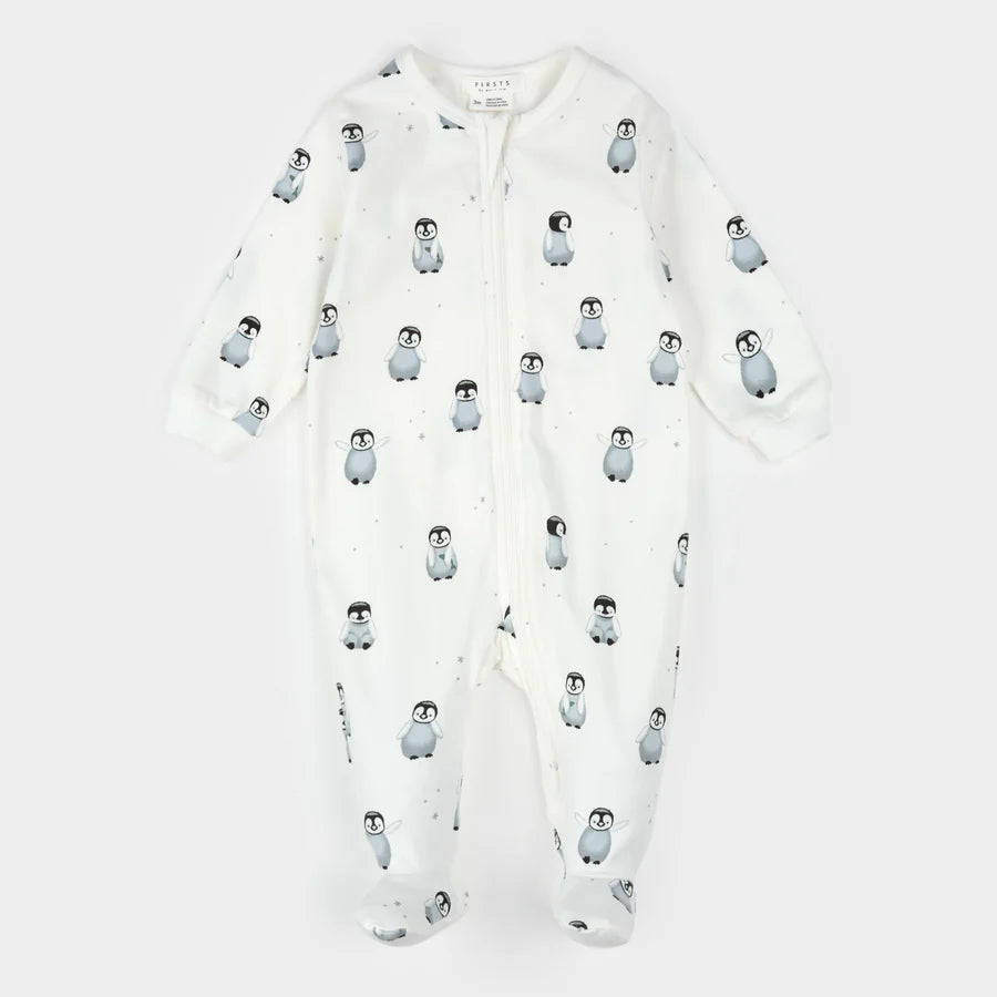 Petit Lem Footed Sleeper - Penguin Print - Off White-Mountain Baby