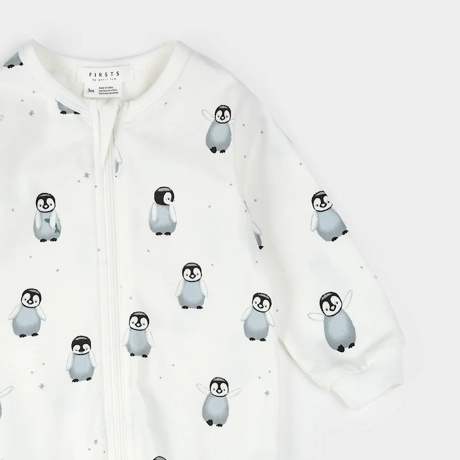 Petit Lem Footed Sleeper - Penguin Print - Off White-Mountain Baby