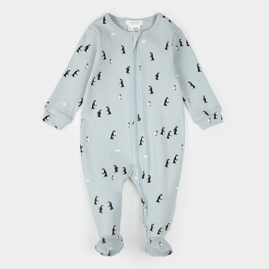 Petit Lem Footed Sleeper - Penguin Print - Lt Blue-Mountain Baby