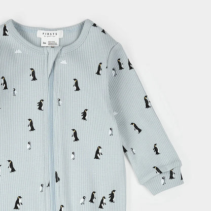 Petit Lem Footed Sleeper - Penguin Print - Lt Blue-Mountain Baby