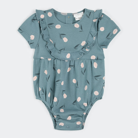 Petit Lem Ribbed Bodysuit Romper - Tulips on Sea Blue-Mountain Baby