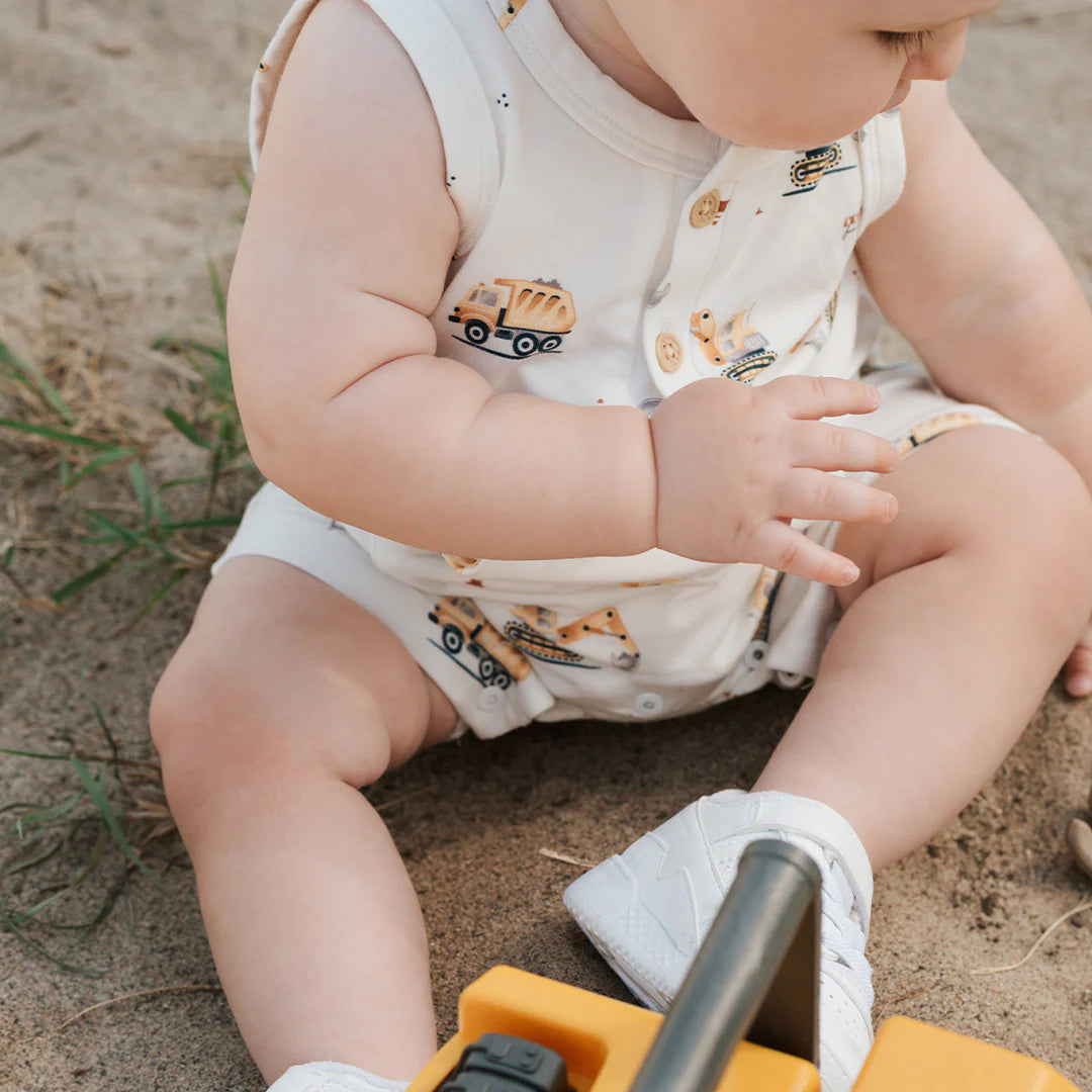 Petit Lem Sleeveless Romper - Diggers on Off-White