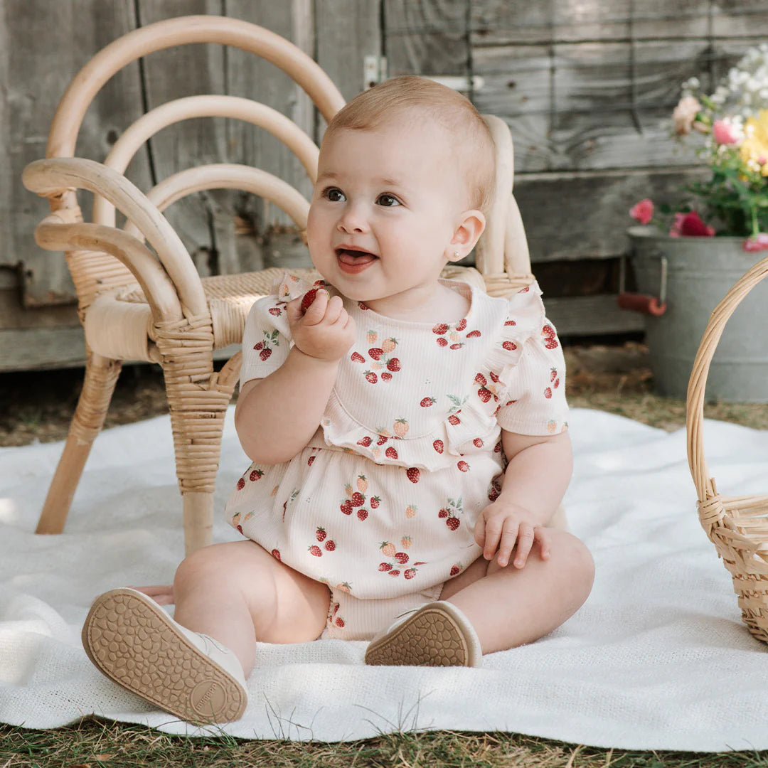 Petit Lem Ribbed Bodysuit Romper - Strawberry on Soft Pink-Mountain Baby