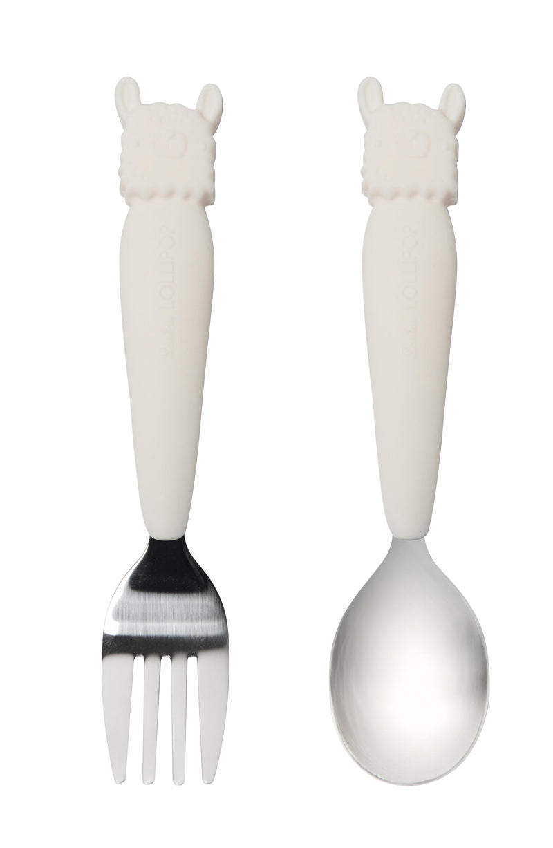 LouLou Lollipop Silicone Kid's Spoon/Fork Set - Cream Llama-Mountain Baby