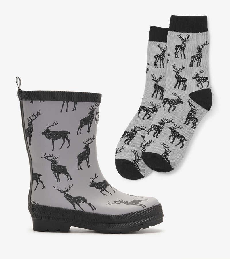 Hatley Sherpa Lined Rain Boots & Matching Socks - Majestic Elk-Mountain Baby