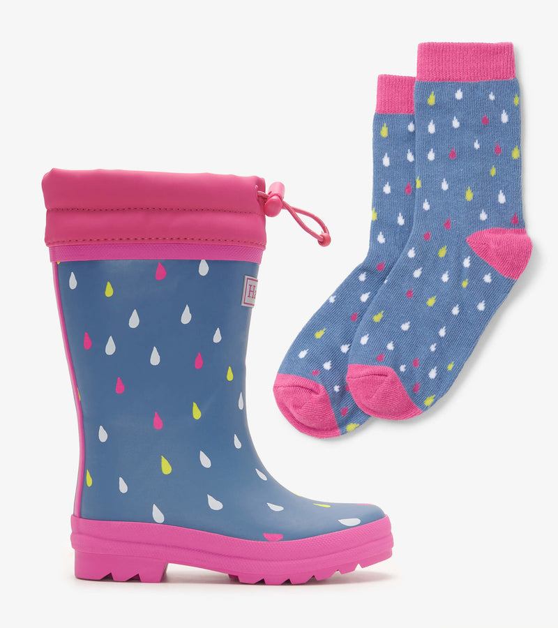 Hatley Sherpa Lined Rain Boots & Matching Socks - Tiny Raindrops-Mountain Baby