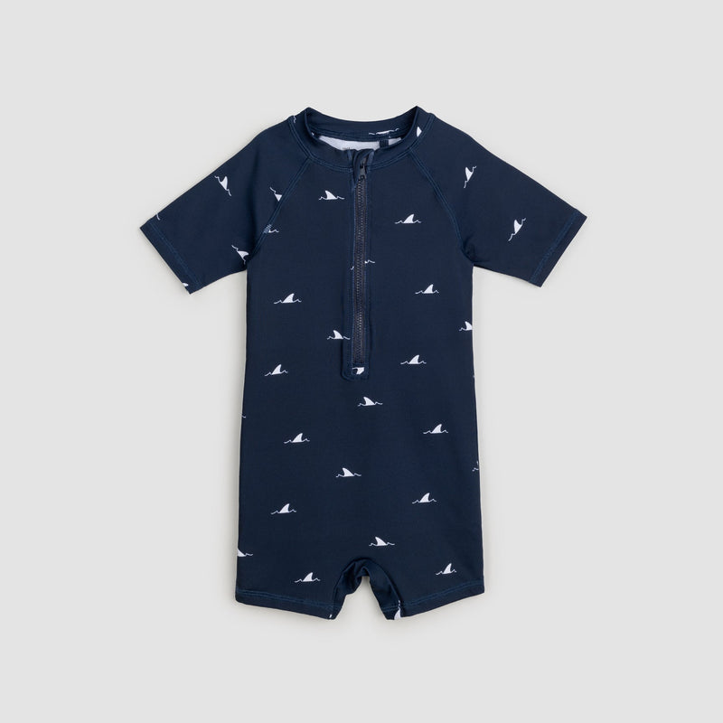 Miles Baby Swim Romper - Navy Sharks-Mountain Baby