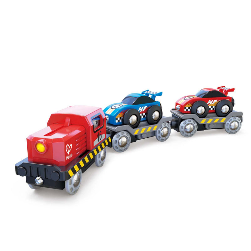 Hape Train Set - Race Car Transporter-Mountain Baby