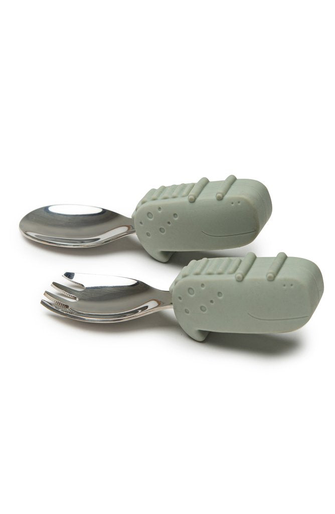 LouLou Lollipop Silicone Learning Spoon/Fork Set - Sage Alligator-Mountain Baby