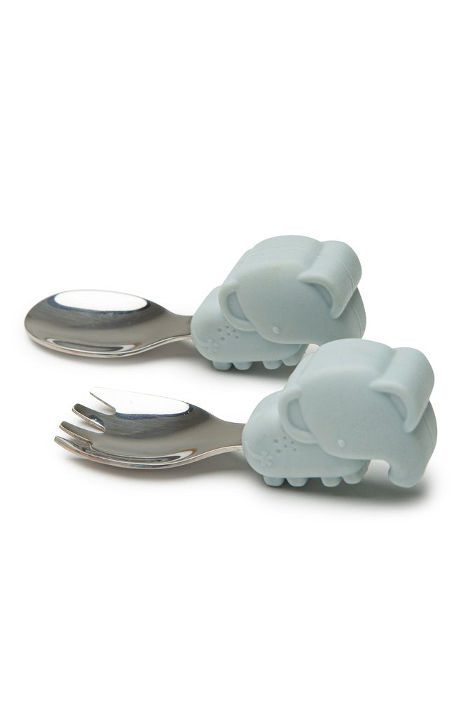 LouLou Lollipop Silicone Learning Spoon/Fork Set - Blue Elephant-Mountain Baby