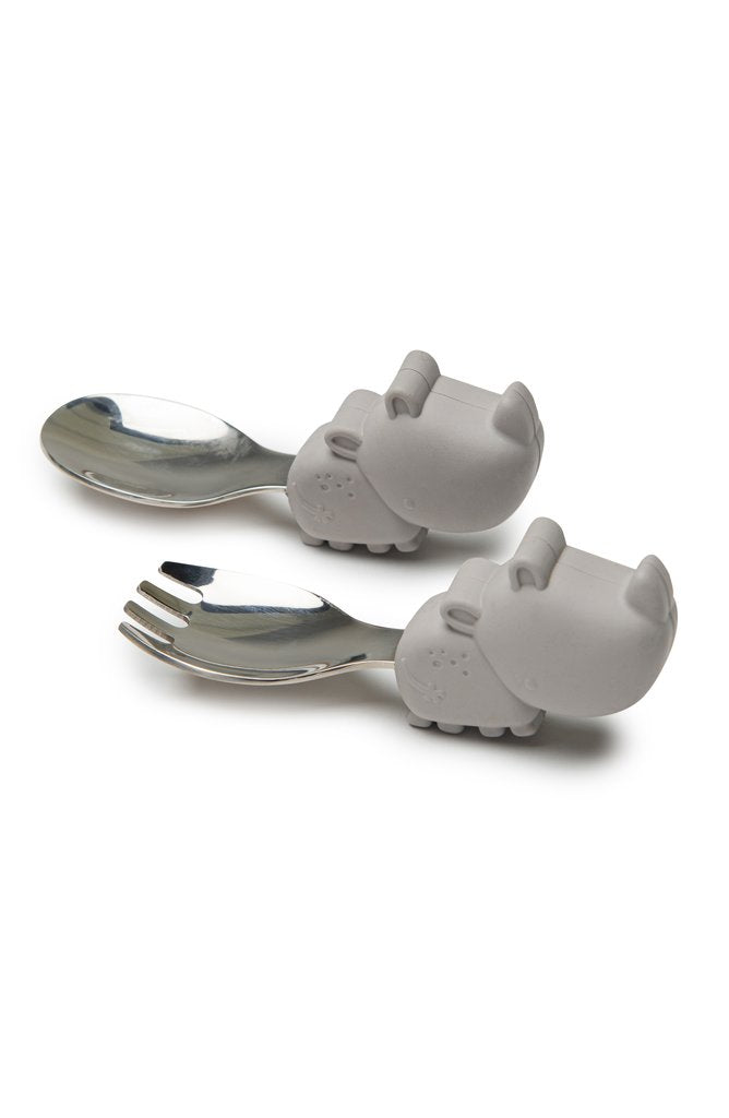LouLou Lollipop Silicone Learning Spoon/Fork Set - Silver Grey Rhino-Mountain Baby