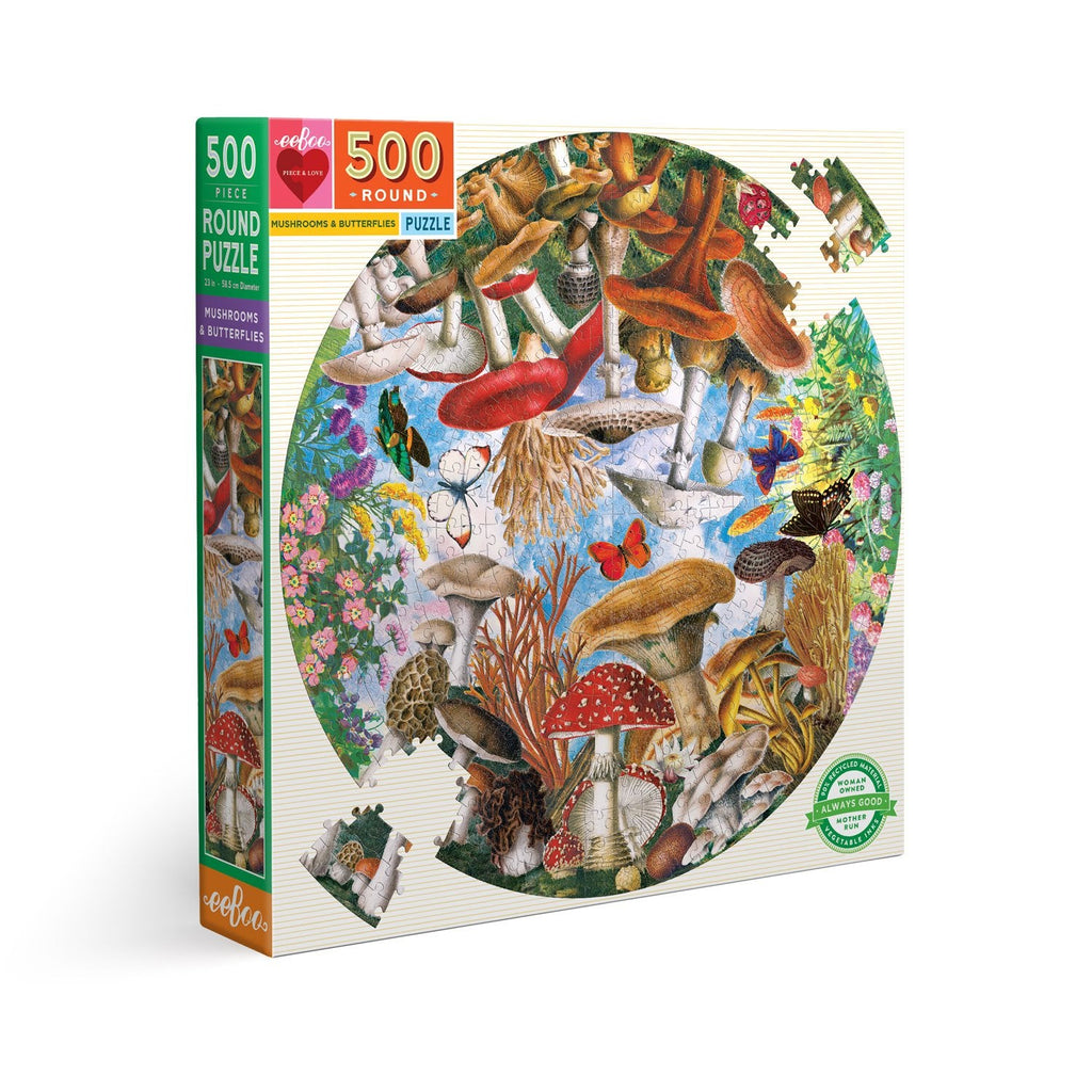 Eeboo Puzzle - 500pc Round Mushrooms And Butterflies-Mountain Baby