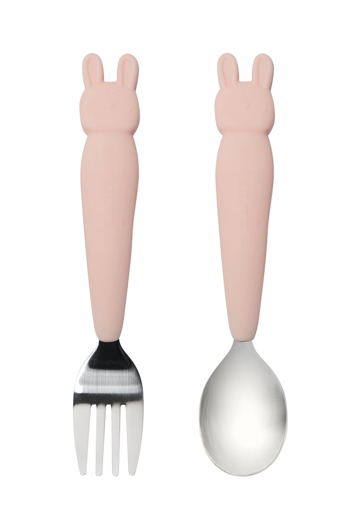 LouLou Lollipop Silicone Kid's Spoon/Fork Set - Pink Bunny-Mountain Baby