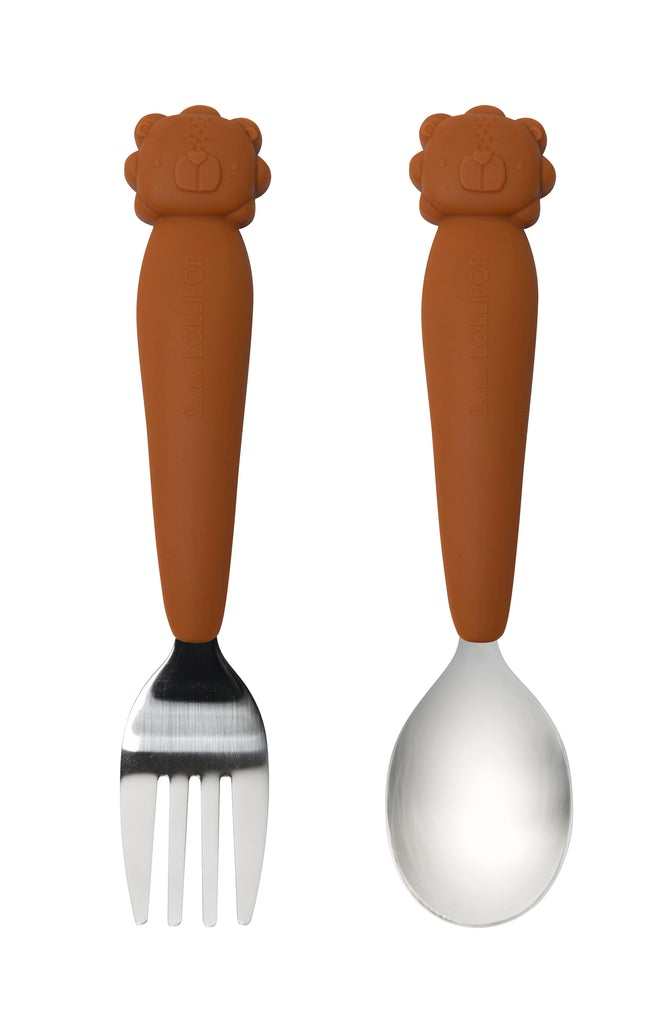 LouLou Lollipop Silicone Kid's Spoon/Fork Set - Ginger Honey Lion-Mountain Baby