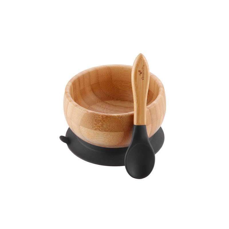 Avanchy StayPut Suction Bamboo Bowl & Spoon Set - Black-Mountain Baby