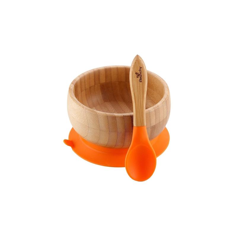 Avanchy StayPut Suction Bamboo Bowl & Spoon Set - Orange-Mountain Baby