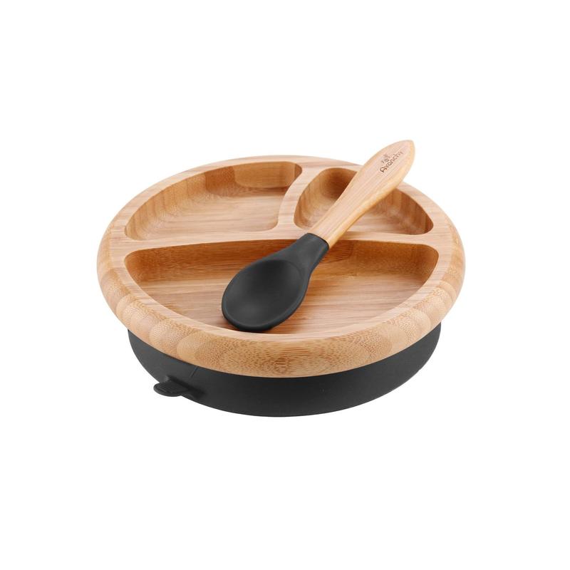Avanchy StayPut Suction Bamboo Plate & Spoon Set - Black-Mountain Baby