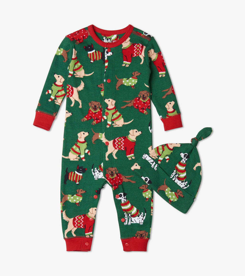 Little Blue House Baby Cotton Footed Coverall & Hat - Green Woofing Christmas-Mountain Baby